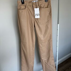ZARA Faux Leather Straight Pants Camel Beige High Rise Flattering NWT Size 6